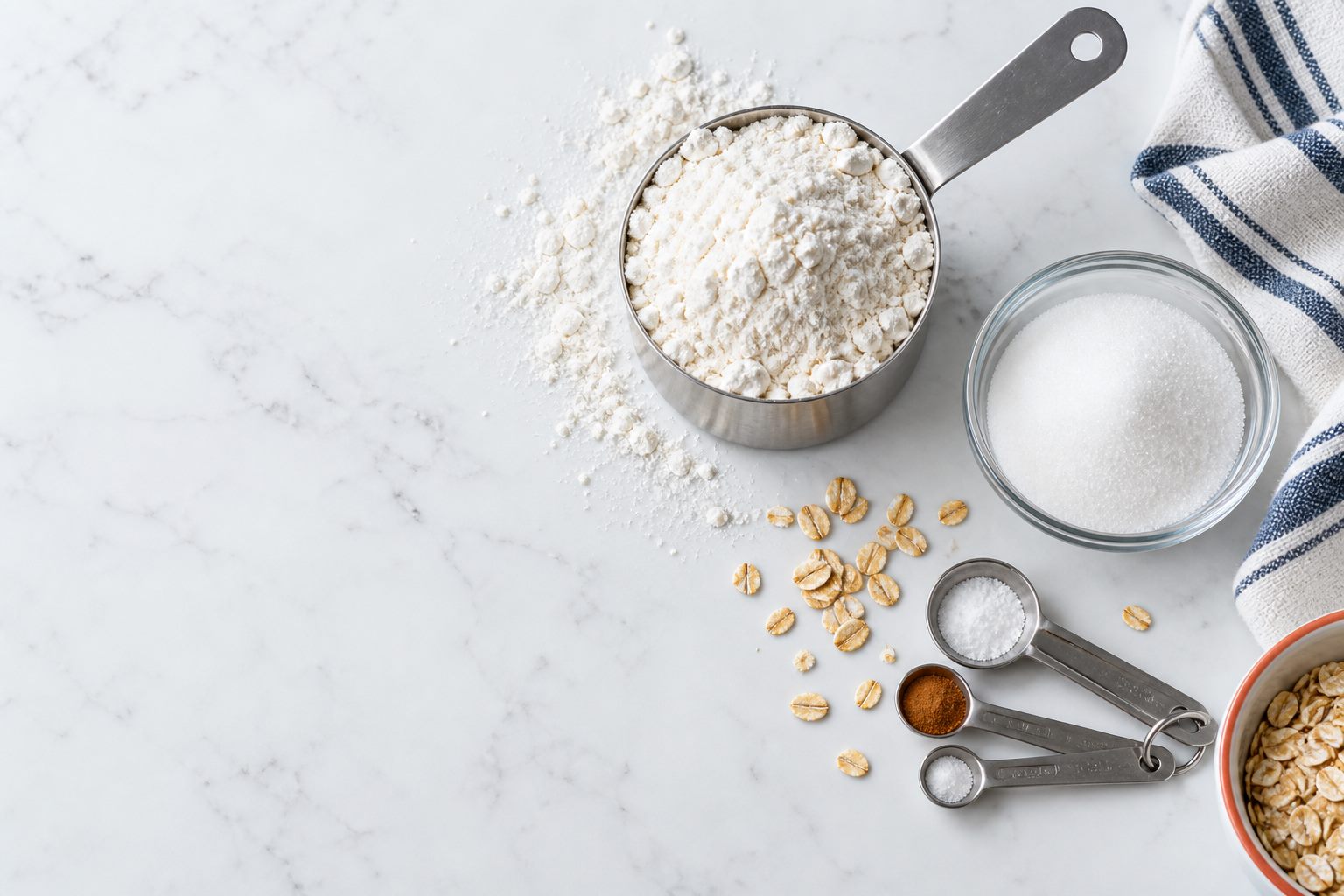 Flour, sugar, oats, a measuring cup, and measuring spoons on a kitchen counter